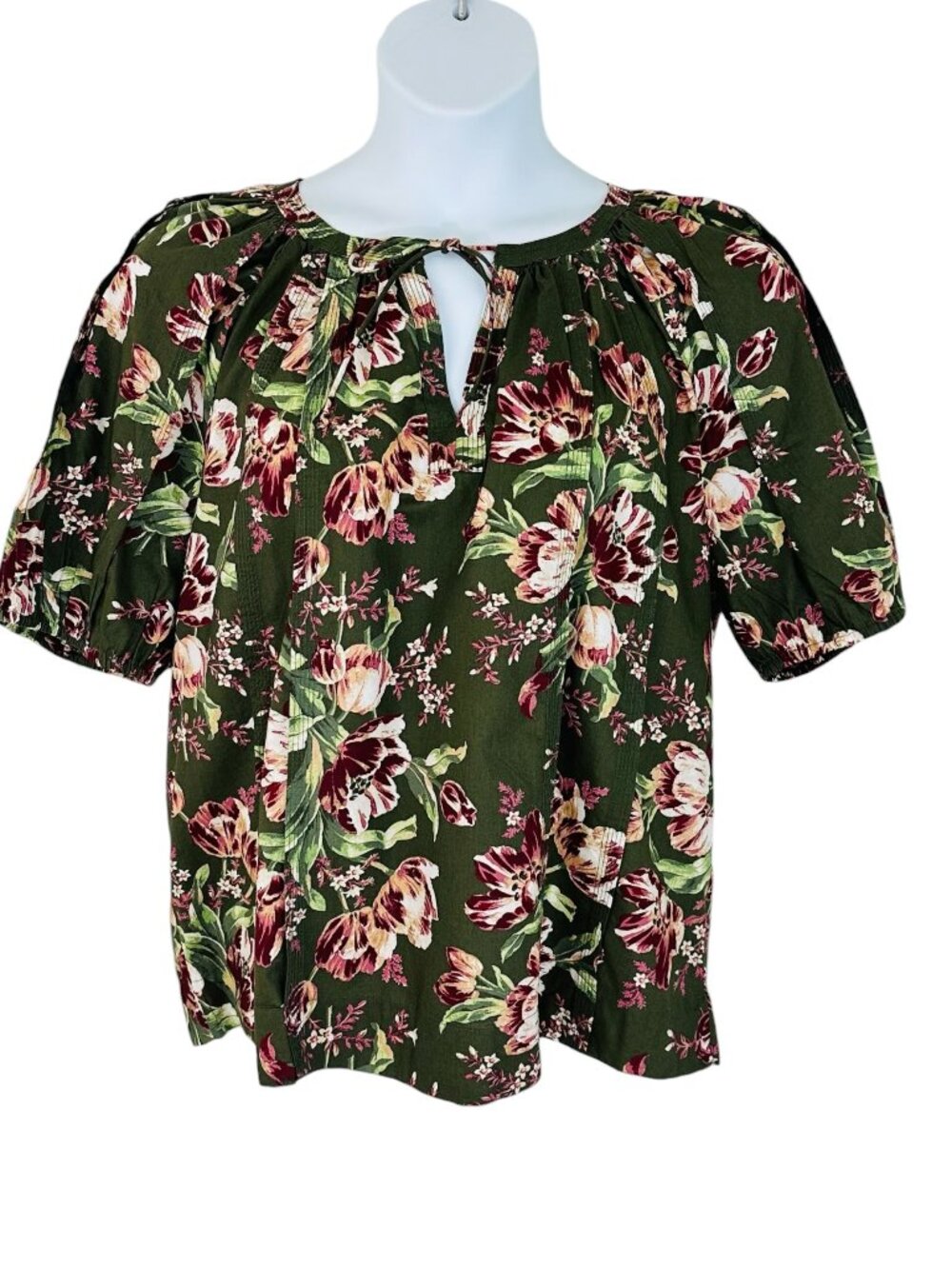 Style & Co Women's Size XL Floral Peasant Style Short Sleeve Green Blouse NEW